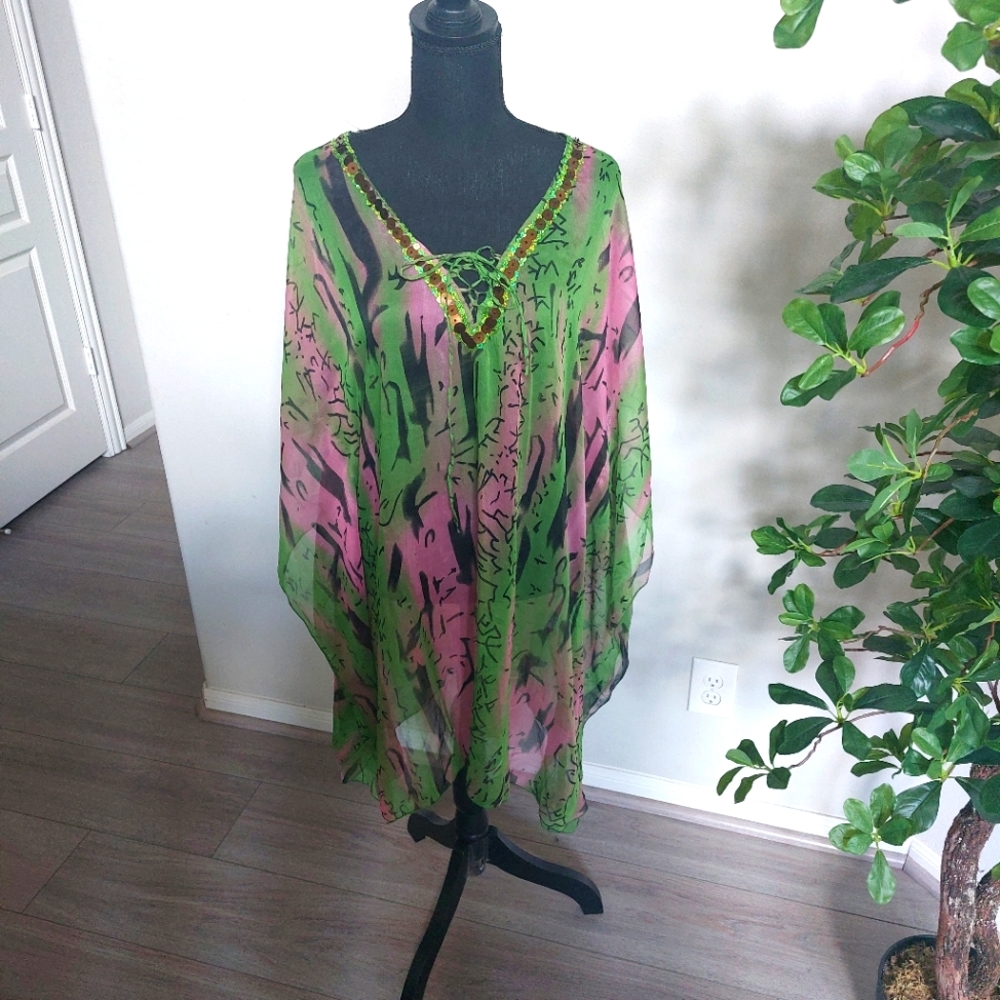California Breeze Woman's Swimsuit Cover Up Color Green and Pink Size XL